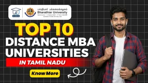 Thumbnail for Top 10 Distance MBA Universities in Tamil Nadu featuring a student, university logo, and bold white text.