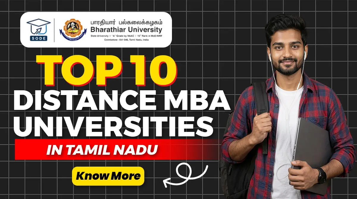 Thumbnail for Top 10 Distance MBA Universities in Tamil Nadu featuring a student, university logo, and bold white text.